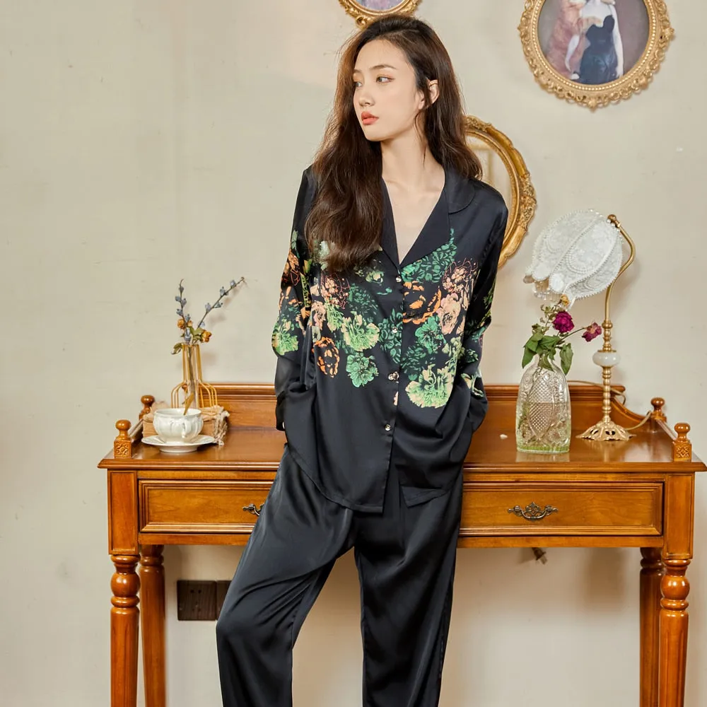 High Quality Luxury Women's Pajamas Flower Print Silk Like Sleepwear Two Piece Set Casual Breathable Leisure Homewear