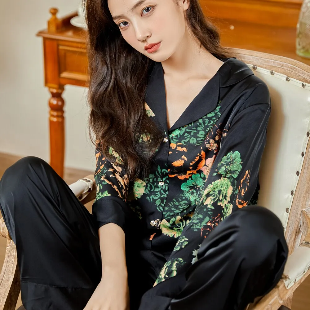 High Quality Luxury Women's Pajamas Flower Print Silk Like Sleepwear Two Piece Set Casual Breathable Leisure Homewear