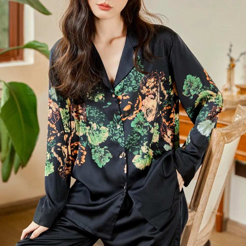 High Quality Luxury Women's Pajamas Flower Print Silk Like Sleepwear Two Piece Set Casual Breathable Leisure Homewear