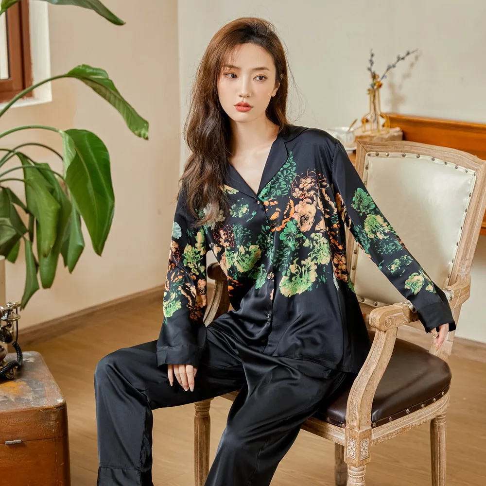 High Quality Luxury Women's Pajamas Flower Print Silk Like Sleepwear Two Piece Set Casual Breathable Leisure Homewear