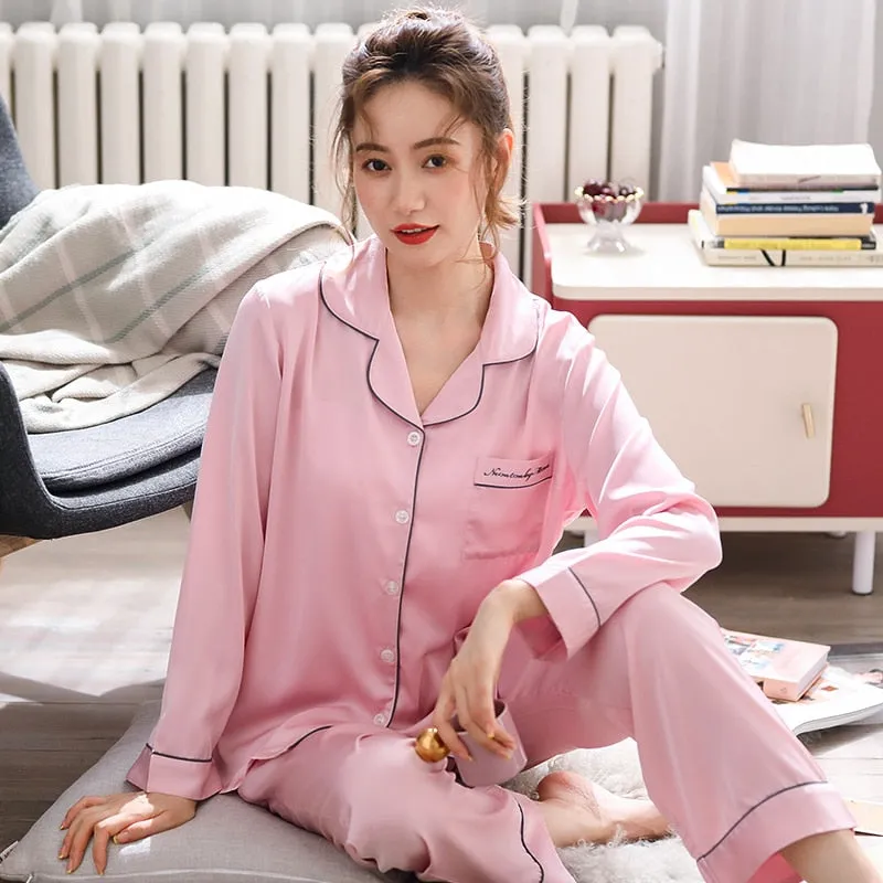 High Quality New Women's Pajamas Set Silk Like Sleepwear for women Satin nightie 2-piece nightwear set home wear