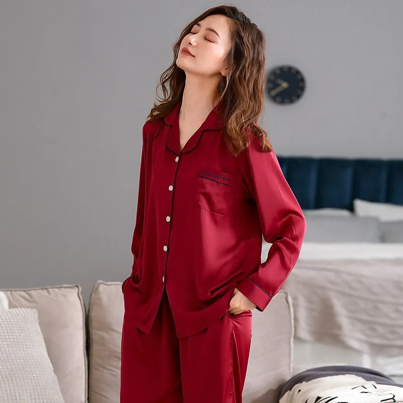 High Quality New Women's Pajamas Set Silk Like Sleepwear for women Satin nightie 2-piece nightwear set home wear