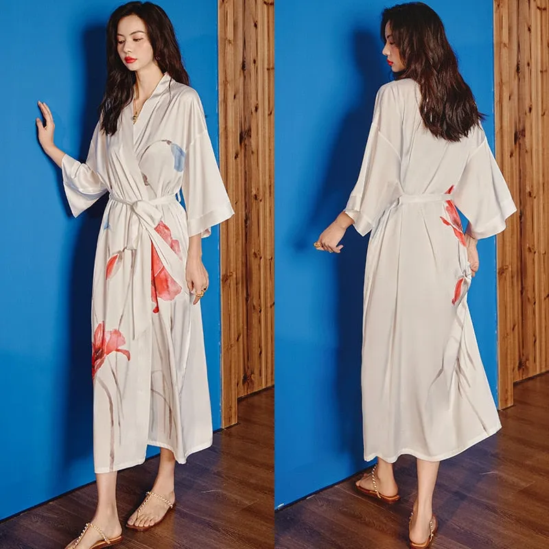 High Quality Women's Pajamas Long Robe Floral Sleepwear Silk Like Sexy Bathrobe Homewear Luxury Nightwear peignoir femme