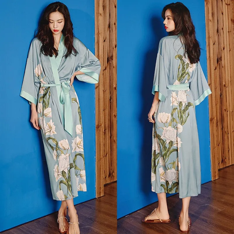 High Quality Women's Pajamas Long Robe Floral Sleepwear Silk Like Sexy Bathrobe Homewear Luxury Nightwear peignoir femme