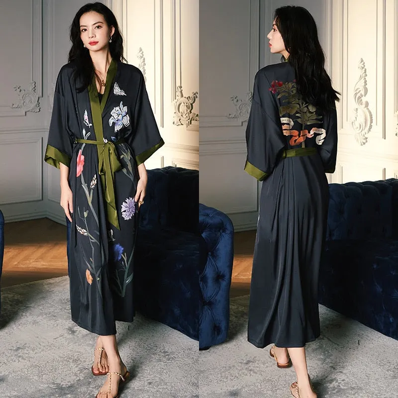 High Quality Women's Pajamas Long Robe Floral Sleepwear Silk Like Sexy Bathrobe Homewear Luxury Nightwear peignoir femme