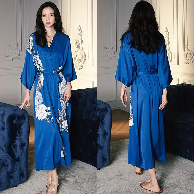 High Quality Women's Pajamas Long Robe Floral Sleepwear Silk Like Sexy Bathrobe Homewear Luxury Nightwear peignoir femme