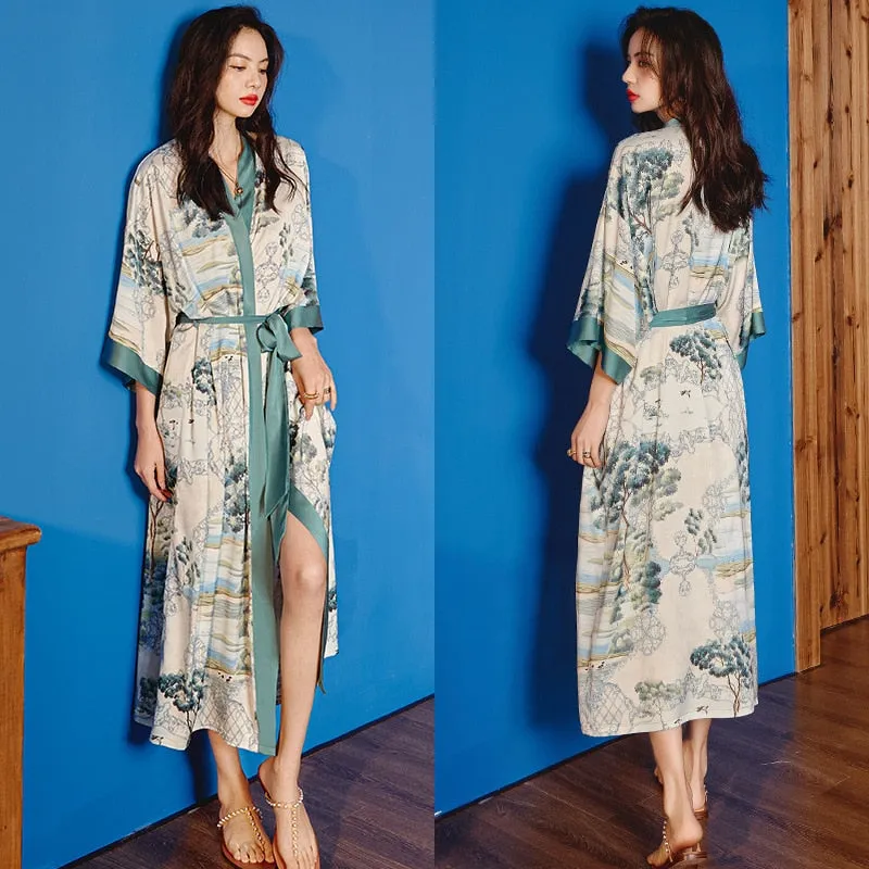 High Quality Women's Pajamas Long Robe Floral Sleepwear Silk Like Sexy Bathrobe Homewear Luxury Nightwear peignoir femme