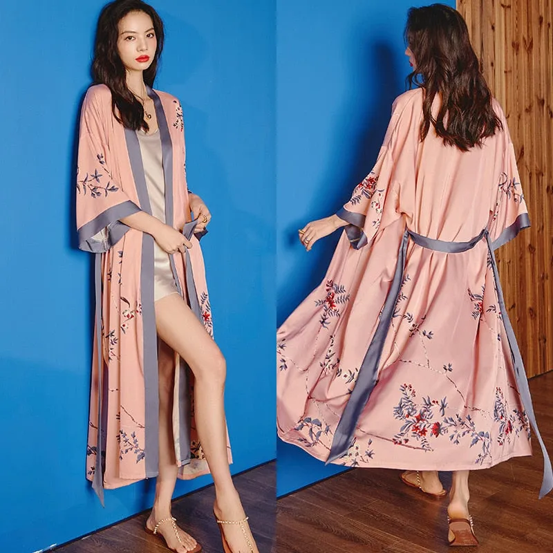 High Quality Women's Pajamas Long Robe Floral Sleepwear Silk Like Sexy Bathrobe Homewear Luxury Nightwear peignoir femme