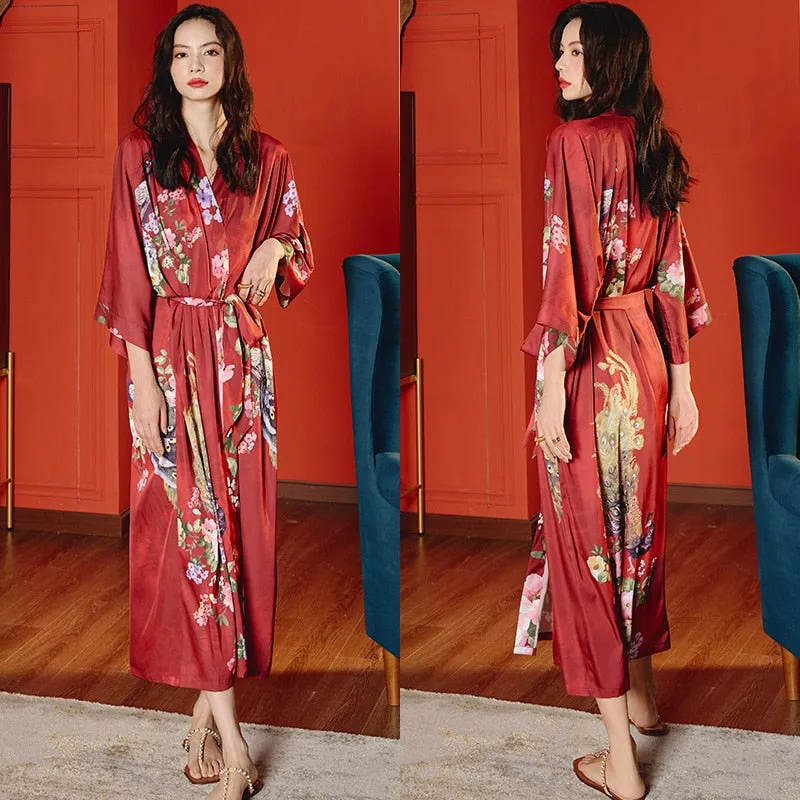 High Quality Women's Pajamas Long Robe Floral Sleepwear Silk Like Sexy Bathrobe Homewear Luxury Nightwear peignoir femme