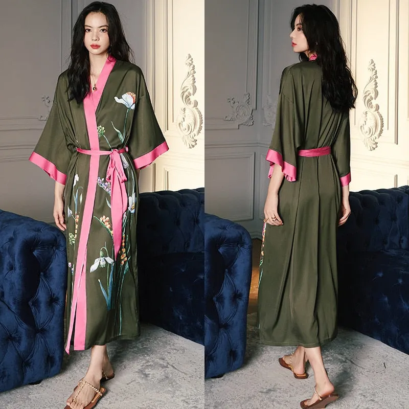 High Quality Women's Pajamas Long Robe Floral Sleepwear Silk Like Sexy Bathrobe Homewear Luxury Nightwear peignoir femme