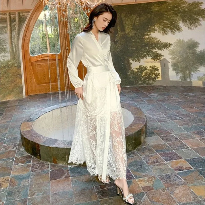 High Quality Women's Pajamas Long Robe Lace Stitching Sleepwear Satin Bathrobe Homewear Luxury Nightwear peignoir femme