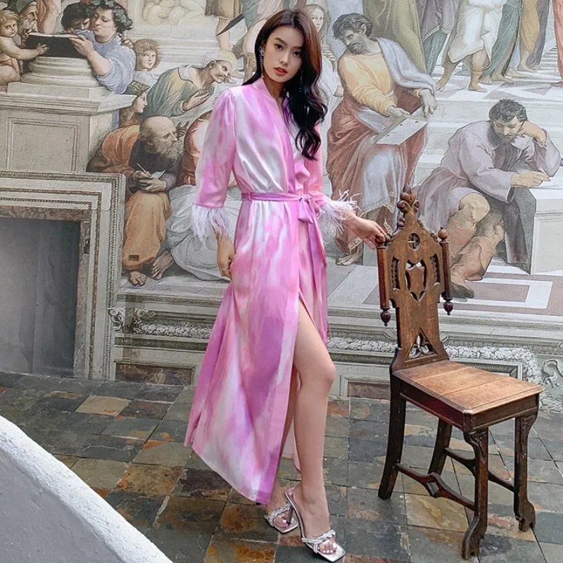 High Quality Women's Pajamas Long Robe Ostrich Feather Cuffs Sleepwear Satin Luxury Bathrobe Pink Tie-dye Homewear Femme