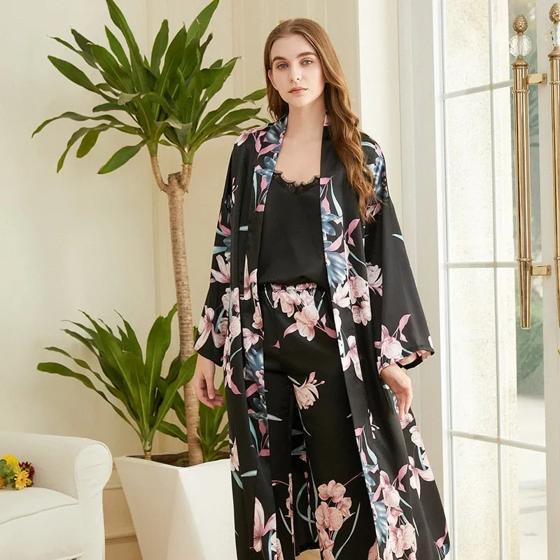 High Quality Women's Pajamas Long Robe Set Floral Paint Homewear Silk Like Bathrobe Casual Nightwear 3 Pcs Pyjamas New