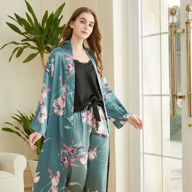 High Quality Women's Pajamas Long Robe Set Floral Paint Homewear Silk Like Bathrobe Casual Nightwear 3 Pcs Pyjamas New