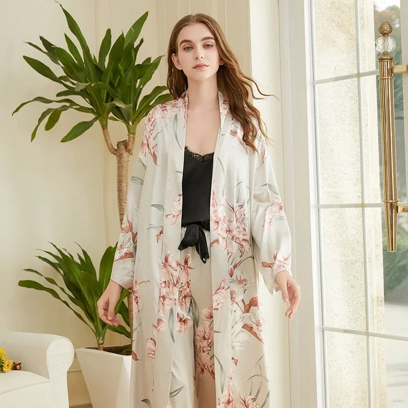 High Quality Women's Pajamas Long Robe Set Floral Paint Homewear Silk Like Bathrobe Casual Nightwear 3 Pcs Pyjamas New