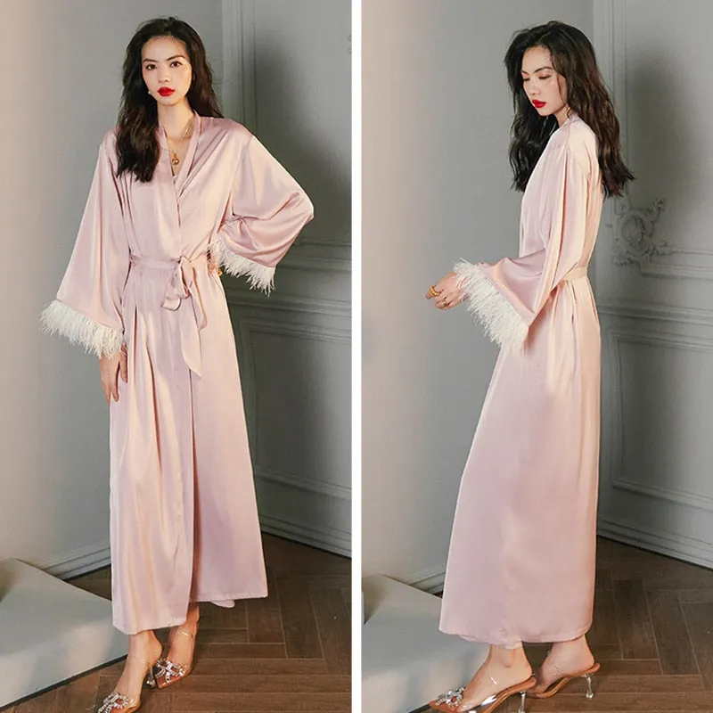 High Quality Women's Pajamas Robe Feather Cuff Sleeprobe Luxury Style Silk Like Casual Homewear Nightgown пижама женская