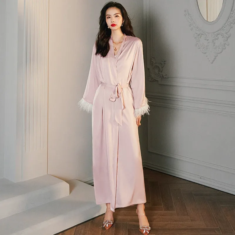 High Quality Women's Pajamas Robe Feather Cuff Sleeprobe Luxury Style Silk Like Casual Homewear Nightgown пижама женская