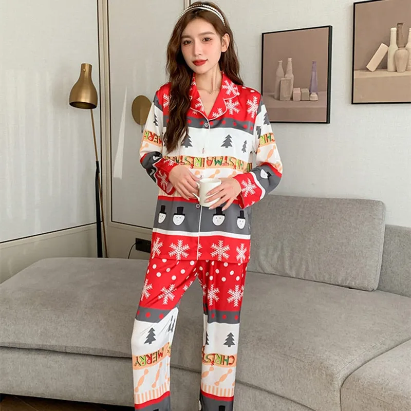 High Quality Women's Pajamas Set Christmas Print Homewear Silk like Sleepwear Casual Home Clothes Luxury Nightwear Femme