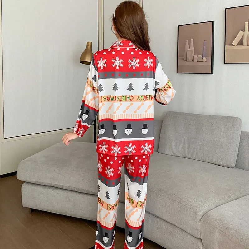 High Quality Women's Pajamas Set Christmas Print Homewear Silk like Sleepwear Casual Home Clothes Luxury Nightwear Femme