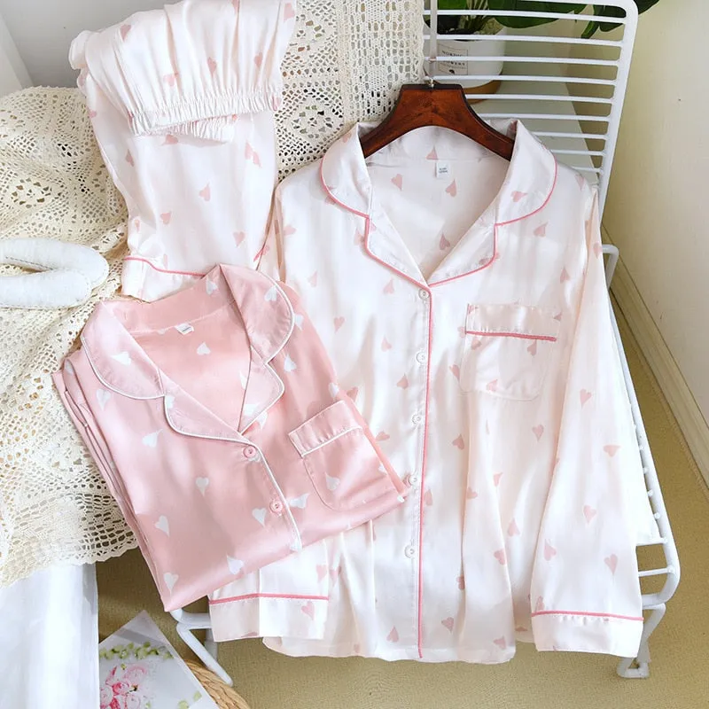 High Quality Women's Pajamas Set Heart Print Sleepwear Silk Like Casual Homewear V Neck Nightwear Femme пижама женская