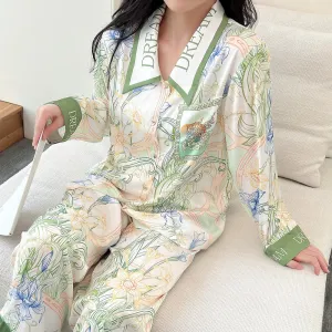 High Quality Women's Pajamas Set Luxury Floral Print Lapel Sleepwear Silk Like Long Sleeve Homewear Nightwear Femme