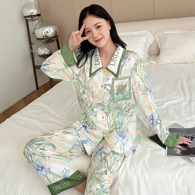 High Quality Women's Pajamas Set Luxury Floral Print Lapel Sleepwear Silk Like Long Sleeve Homewear Nightwear Femme