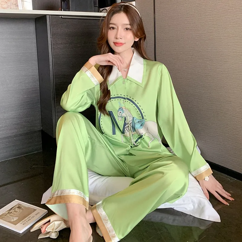 High Quality Women's Pajamas Set Luxury M Letter Print Sleepwear Point Collar Casual Homewear Nightwear Femme Petite