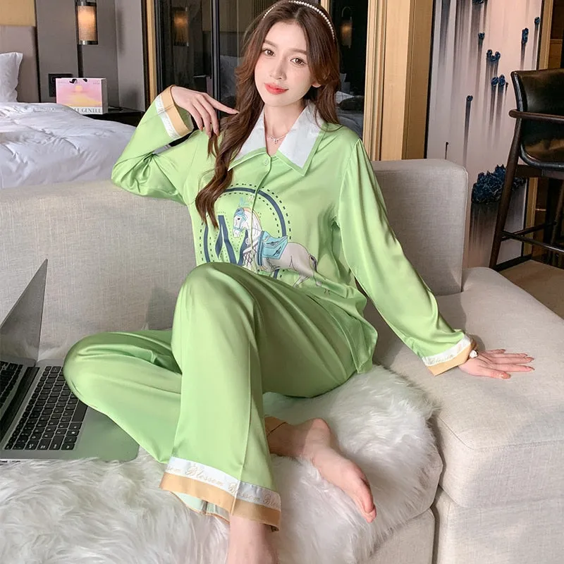 High Quality Women's Pajamas Set Luxury M Letter Print Sleepwear Point Collar Casual Homewear Nightwear Femme Petite