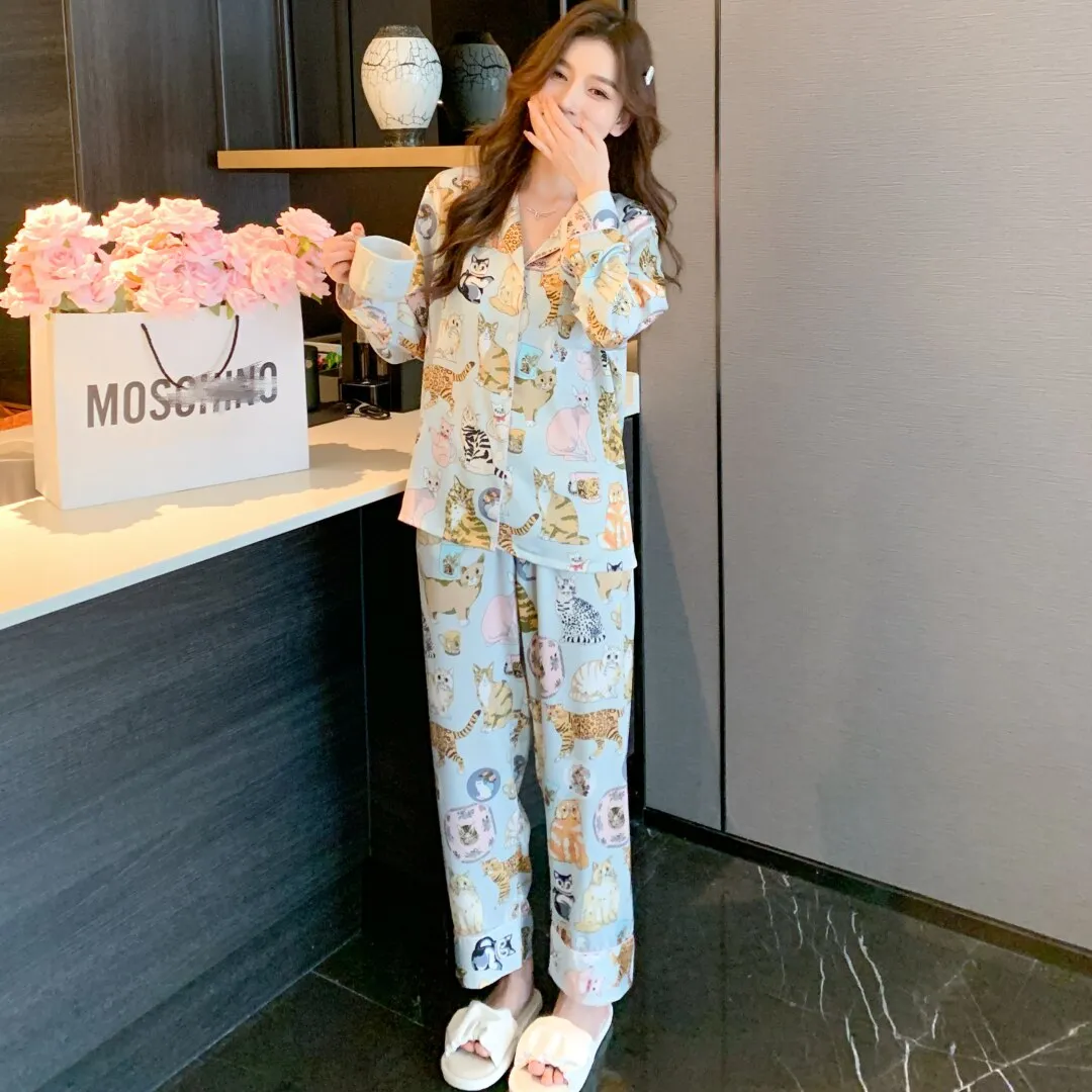 High Quality Women's Pajamas Set Luxury Pet Cats Pattern Sleepwear Silk Like Casual Homewear Cute Nightwear Femme Petite