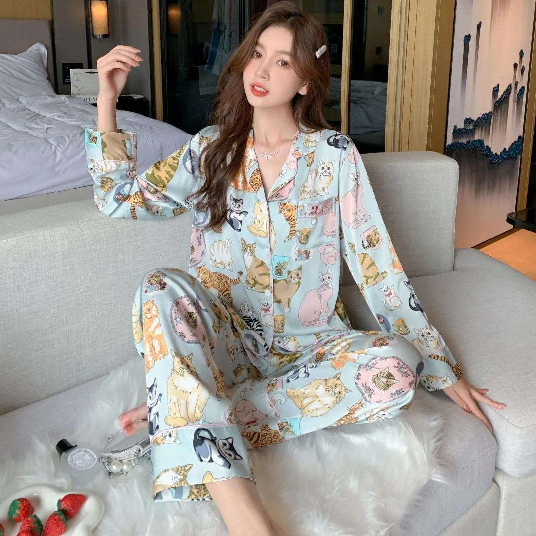 High Quality Women's Pajamas Set Luxury Pet Cats Pattern Sleepwear Silk Like Casual Homewear Cute Nightwear Femme Petite