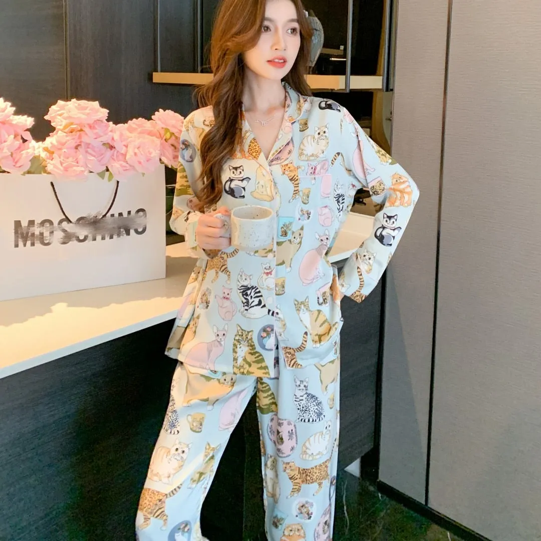 High Quality Women's Pajamas Set Luxury Pet Cats Pattern Sleepwear Silk Like Casual Homewear Cute Nightwear Femme Petite