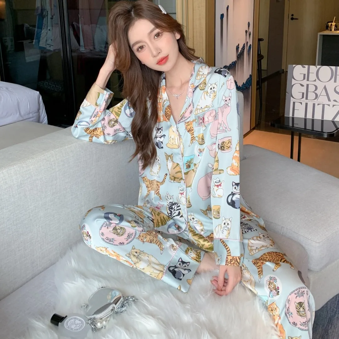 High Quality Women's Pajamas Set Luxury Pet Cats Pattern Sleepwear Silk Like Casual Homewear Cute Nightwear Femme Petite