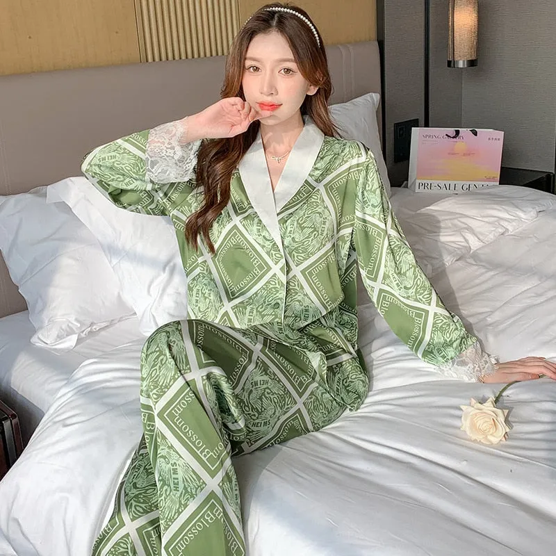 High Quality Women's Pajamas Set Luxury Rhombus Print Sleepwear Lace Cuffs Casual Homewear V Neck Nightwear Femme Petite