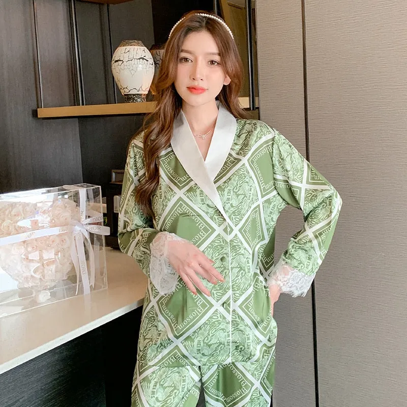 High Quality Women's Pajamas Set Luxury Rhombus Print Sleepwear Lace Cuffs Casual Homewear V Neck Nightwear Femme Petite