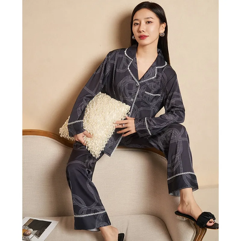 High Quality Women's Pajamas Set Silk Like Sleepwear Stripes Print Couples Homewear Men Nightwear Luxury Pyjamas Femme