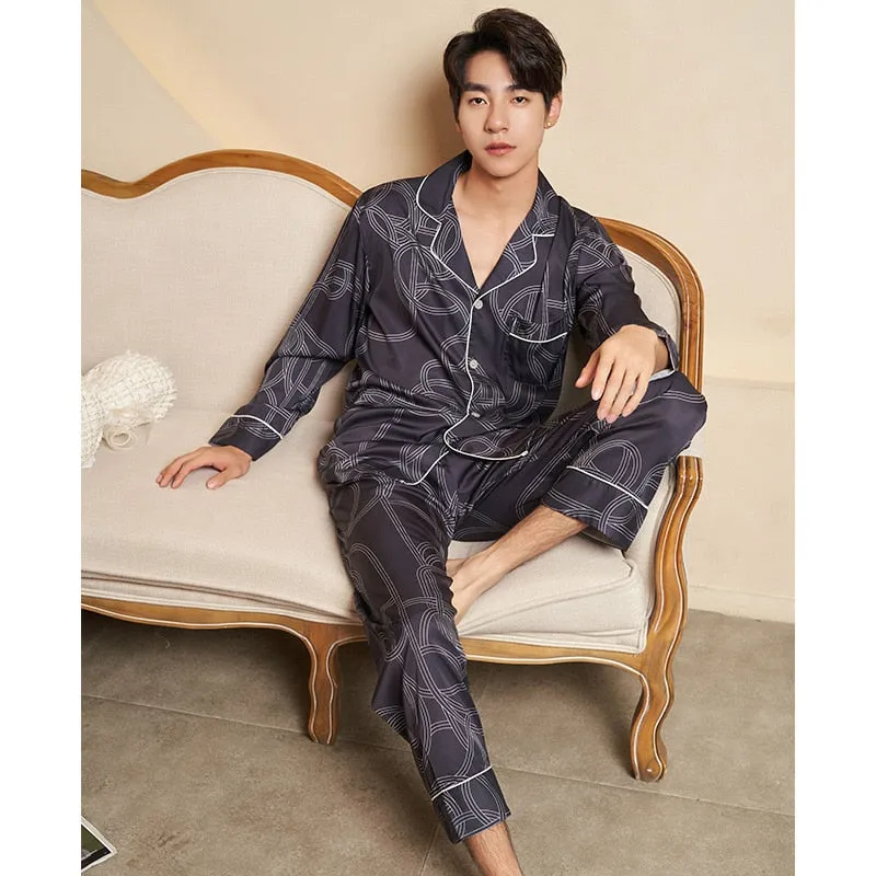 High Quality Women's Pajamas Set Silk Like Sleepwear Stripes Print Couples Homewear Men Nightwear Luxury Pyjamas Femme