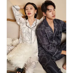 High Quality Women's Pajamas Set Silk Like Sleepwear Stripes Print Couples Homewear Men Nightwear Luxury Pyjamas Femme