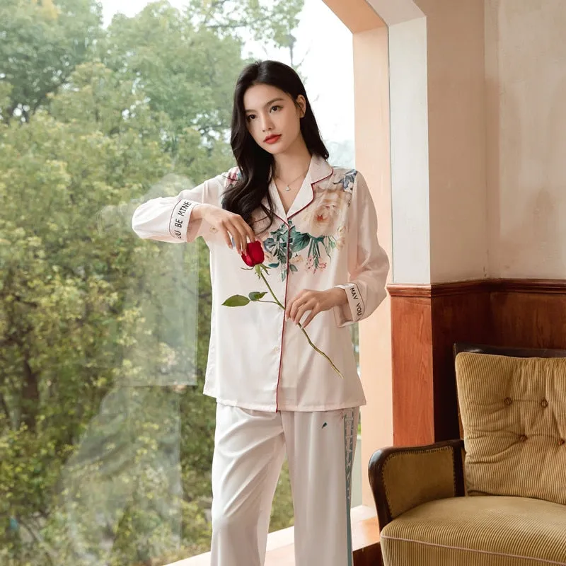 High Quality Women's Pajamas Set Rose Print Silky Touch Sleepwear Nightwear Simple Elegant Leisure Home Loungewear Femme