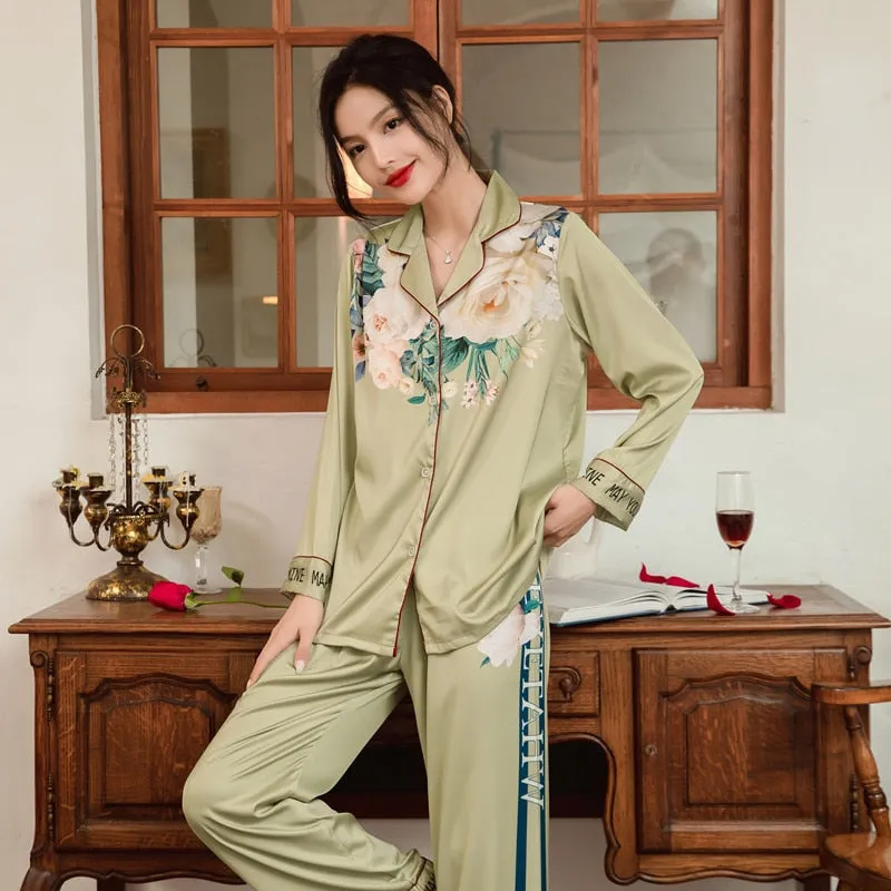 High Quality Women's Pajamas Set Rose Print Silky Touch Sleepwear Nightwear Simple Elegant Leisure Home Loungewear Femme