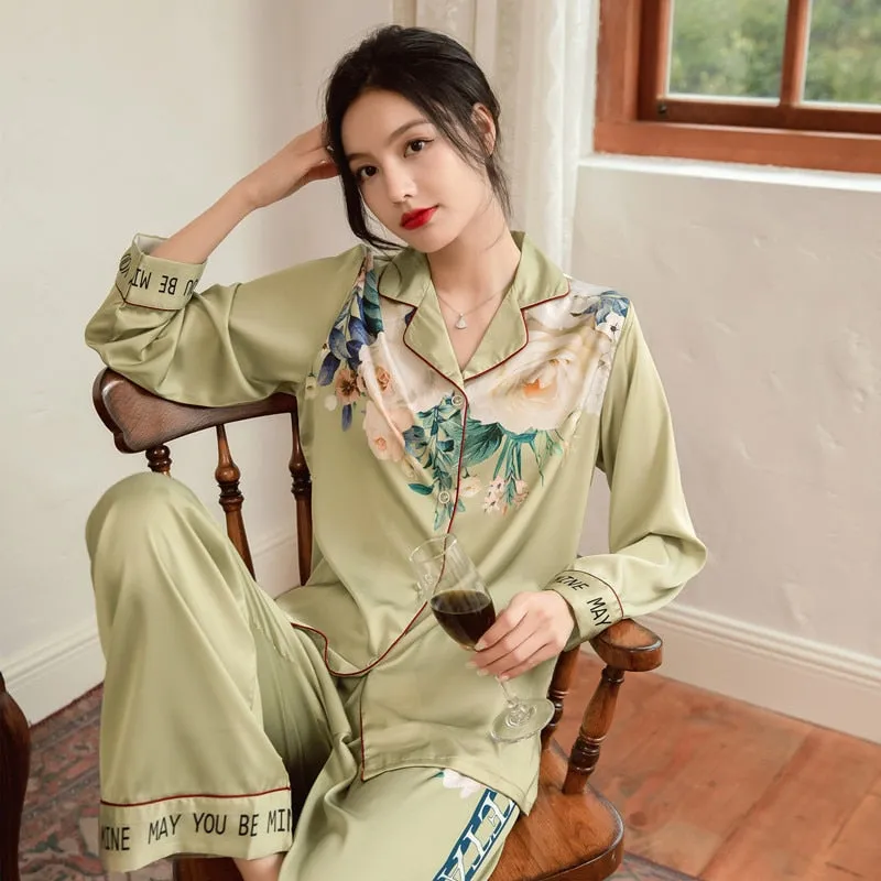 High Quality Women's Pajamas Set Rose Print Silky Touch Sleepwear Nightwear Simple Elegant Leisure Home Loungewear Femme