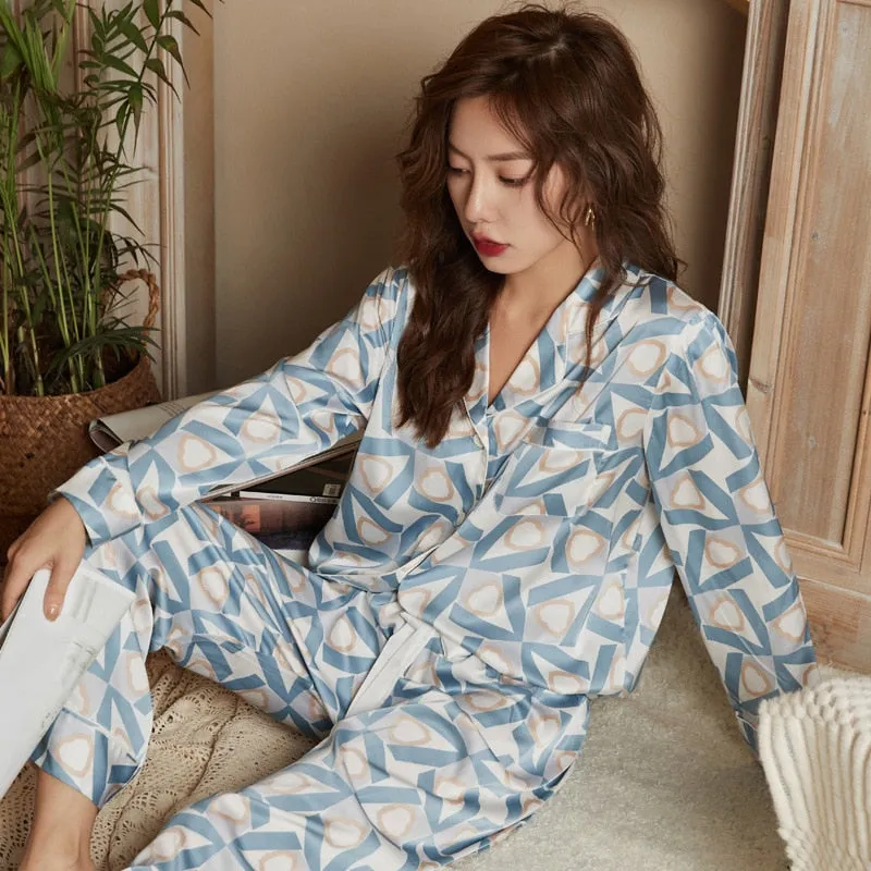 Hot Sale High Quality Women's Pajamas Set Luxury Style Geometric Print Sleepwear Silk Like Casual Homewear Nightie Femme