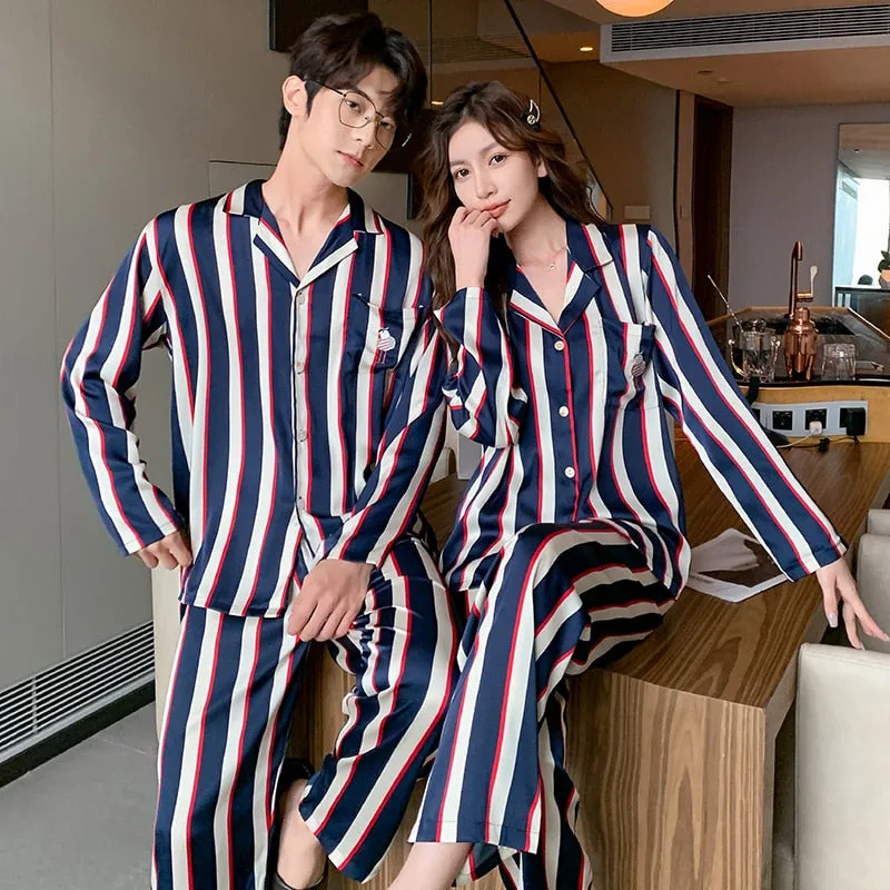 Ice Silk Couple Pajamas Women's Fashion Stripe Long Sleeve Pants 2-piece Suit Men's Large Size Satin Home Clothes