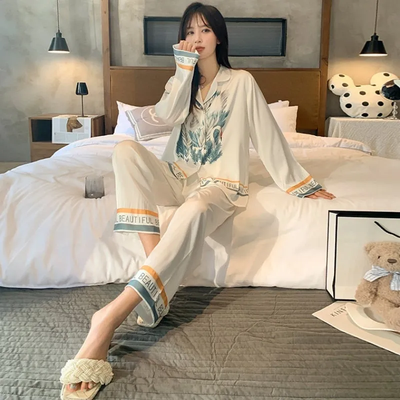 Imitation Silk Pajamas Women's Spring Autumn Thin Satin Long Sleeve Pants Fashion Printing Comfortable Nightwear Set