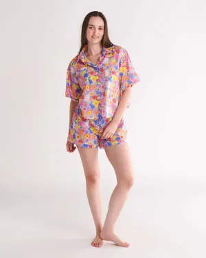 Kip & Co x Ken Done Summer Floral Lilac Organic Cotton Short Sleeve Shirt & Short Pyjama Set