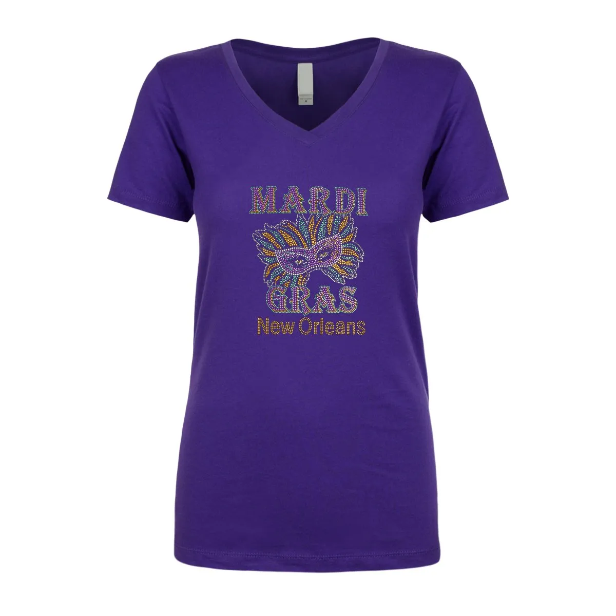 Ladies Mardi Gras and Mask Rhinestone V-Neck