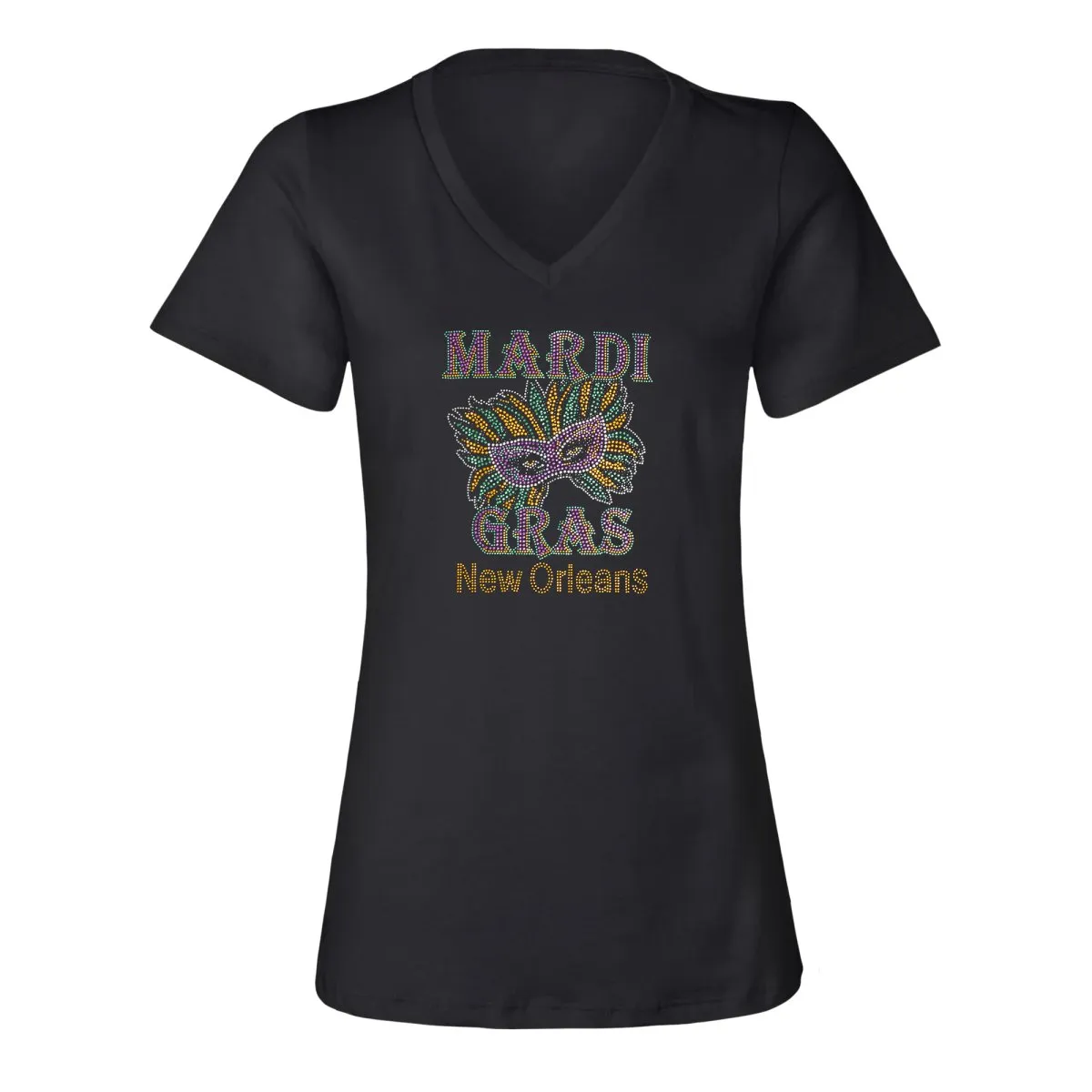 Ladies Mardi Gras and Mask Rhinestone V-Neck