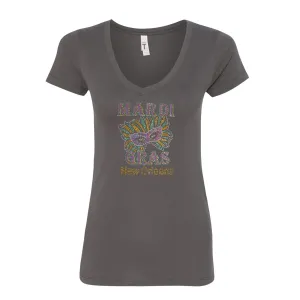 Ladies Mardi Gras and Mask Rhinestone V-Neck