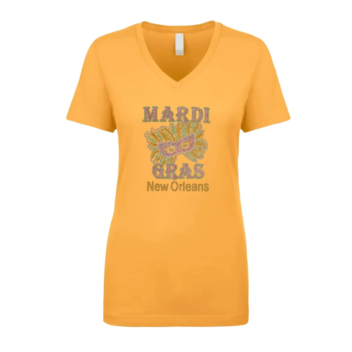 Ladies Mardi Gras and Mask Rhinestone V-Neck