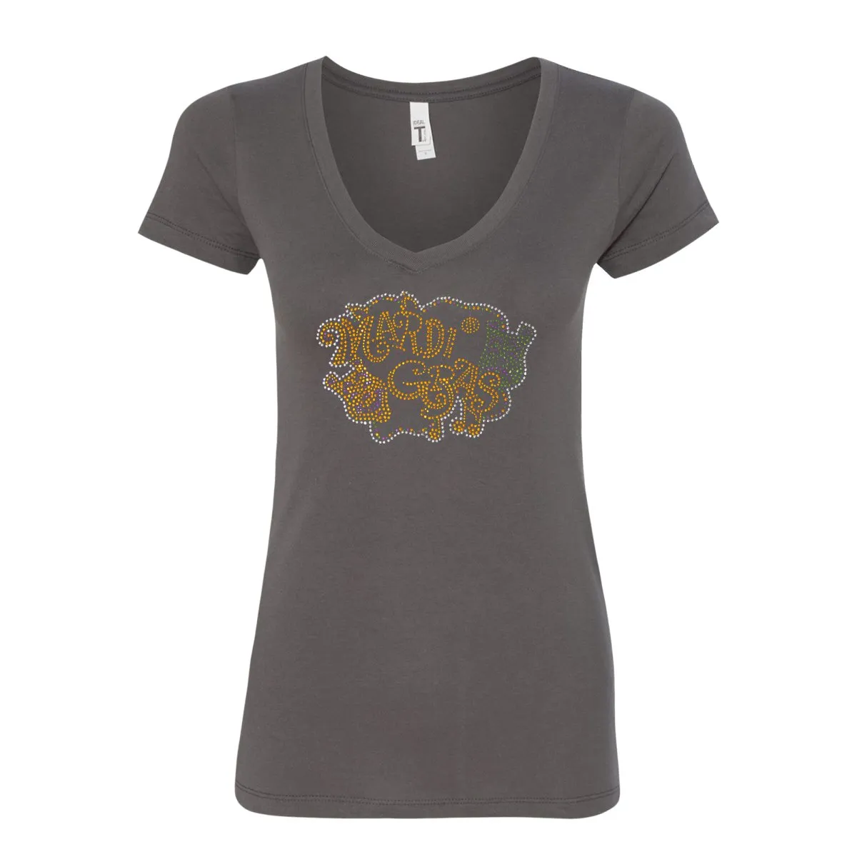 Ladies Mardi Gras Rhinestone V-Neck Tee-shirt