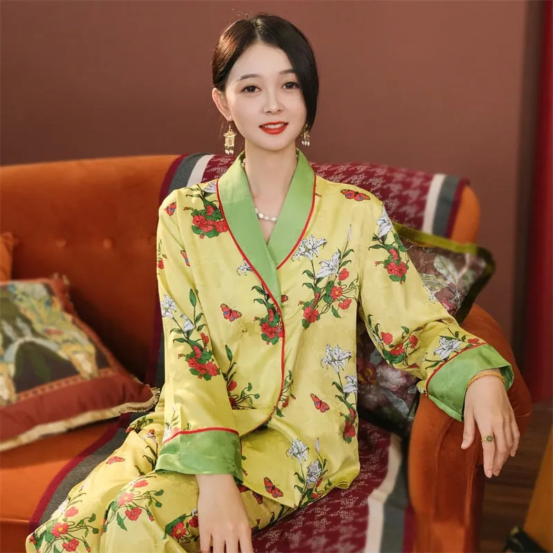 Luxury Homewear Women Imitation Silk Pajamas Satin Nightwear Fashion Flower Printed Long Sleeve Pants Home Clothing Set